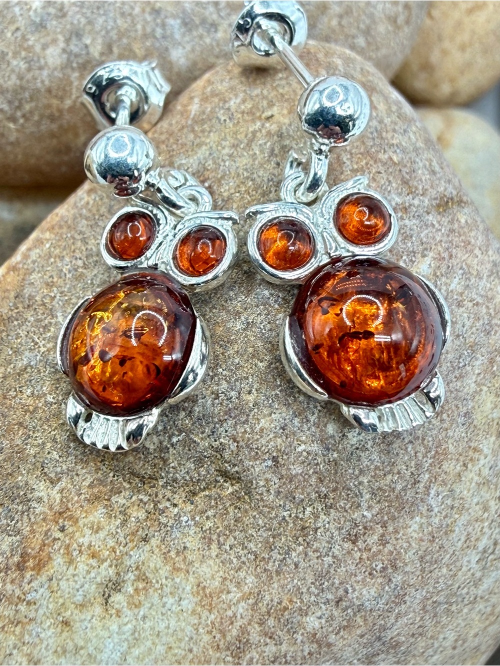 Baltic Amber Owl Earrings 925 Sterling Silver Poland Dangle Honey 3/4” European